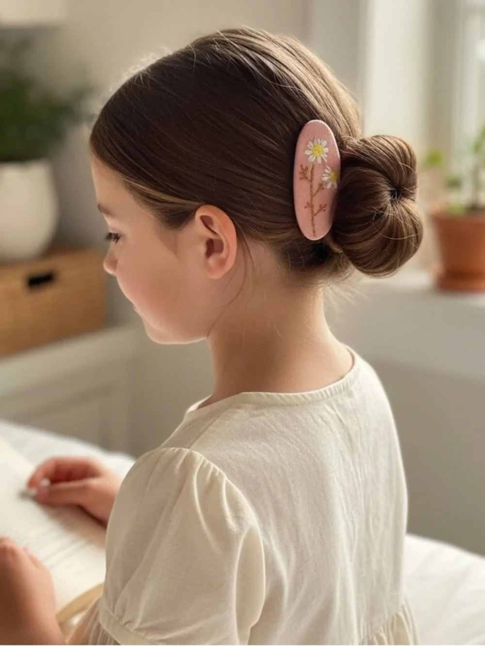 Kids Pink Floral Embroidered Hair Clip